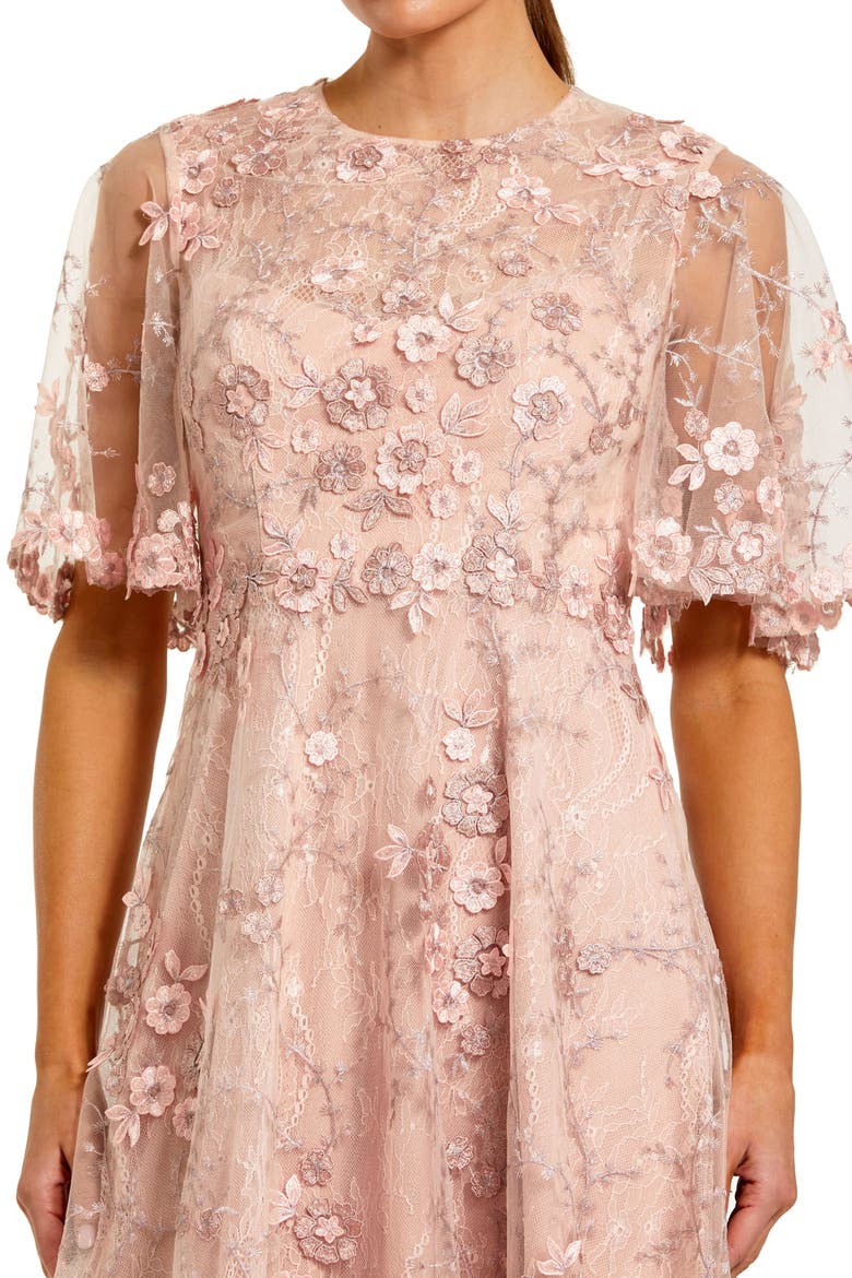 Petite Flutter Sleeve Floral Emboridered Midi Dress, Alternate, color, Blush