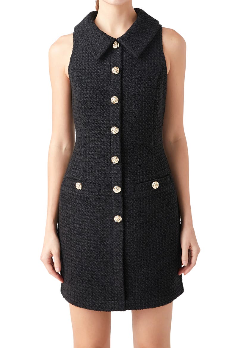 Button Front Tweed Minidress, Alternate, color, BLACK