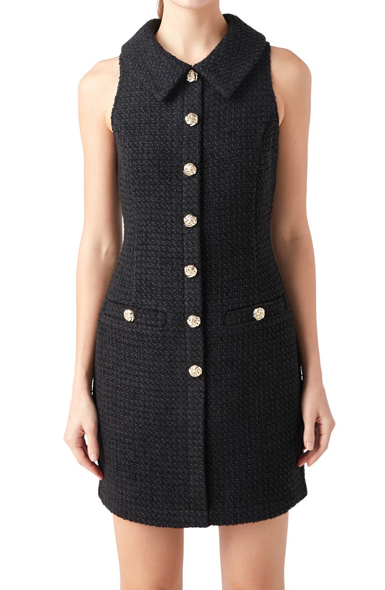 Endless Rose Button Front Tweed Minidress, Alternate, color, Black