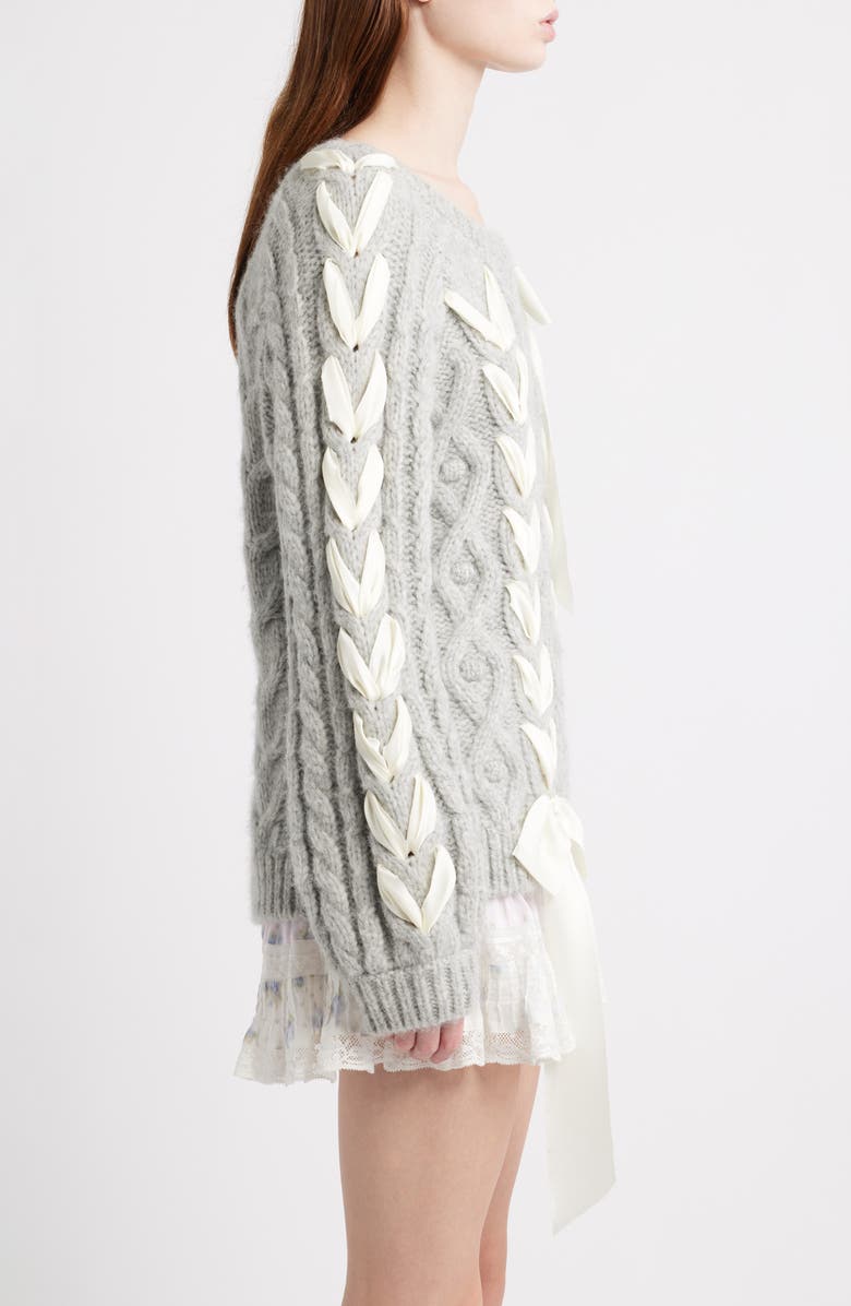 LoveShackFancy Kloss Ribbon Detail Alpaca Blend Cable Sweater, Alternate, color, Grey Melange