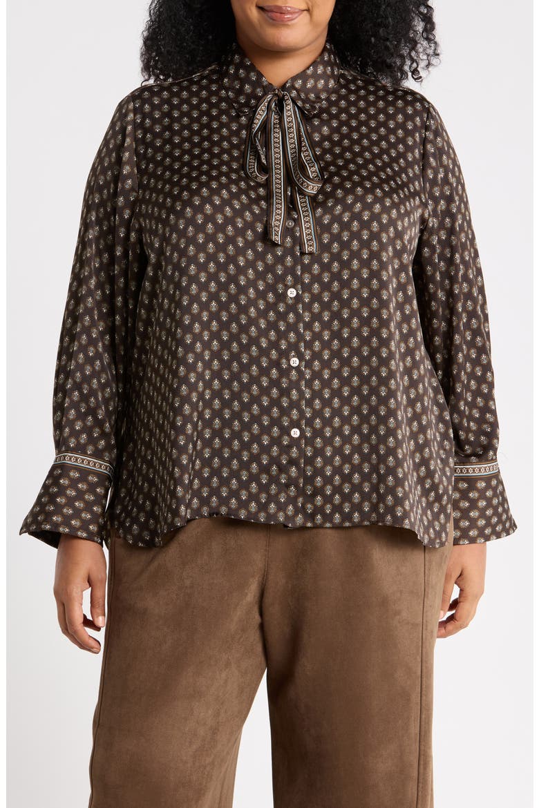 Tie Neck Satin Button-Up Shirt, Main, color, CHOCOALTE MOUSSE MINI FOULARDS