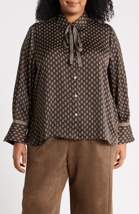 Tie Neck Satin Button-Up Shirt