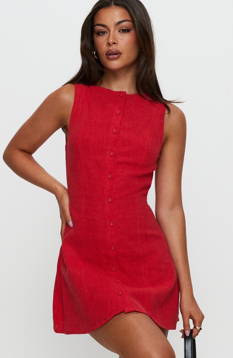 Princess Polly Dollie Linen Blend Button-Up Minidress, Alternate, color, Red