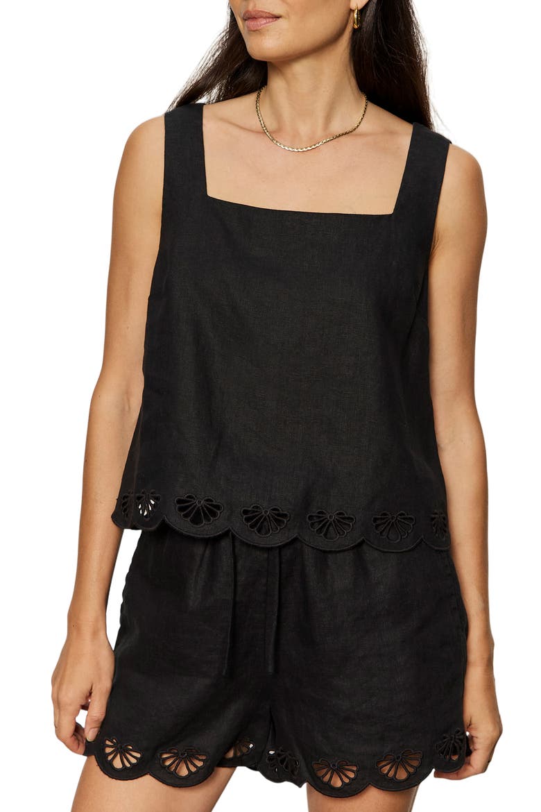 Almost There Scallop Hem Sleeveless Linen Top, Main, color, BLACK