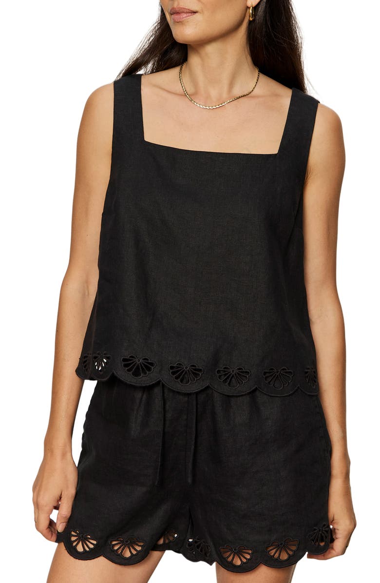 Sanctuary Almost There Scallop Hem Sleeveless Linen Top, Main, color, Black