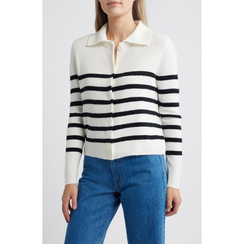 Shop Vince Camuto Stripe Collar Cardigan In Antique White