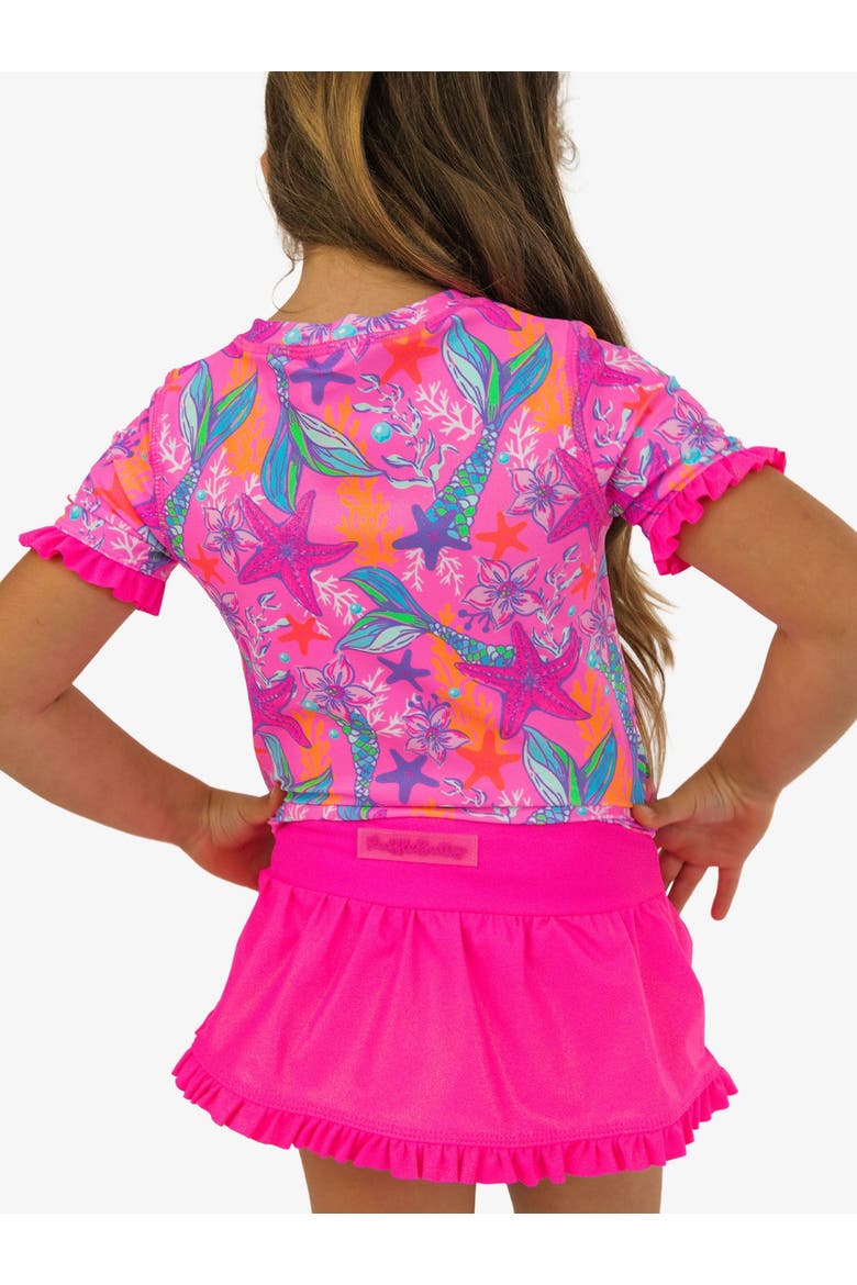 Girls Short Sleeve Ruffle UPF50+ Rash Guard Skirted 2-Piece, Alternate, color, Neon Shimmer Mermaid