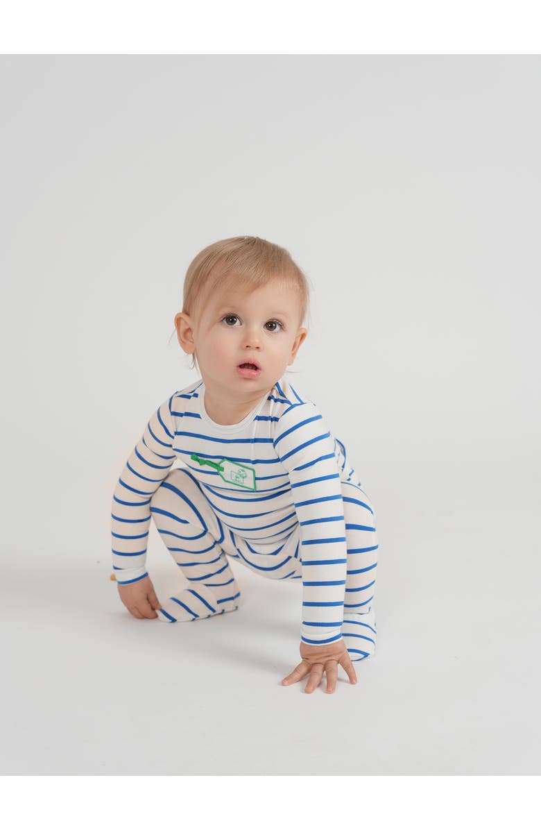 Jolie Capri Striped Tag Applique Long Sleeve Snap Back Romper, Alternate, color, White/Blue/Green
