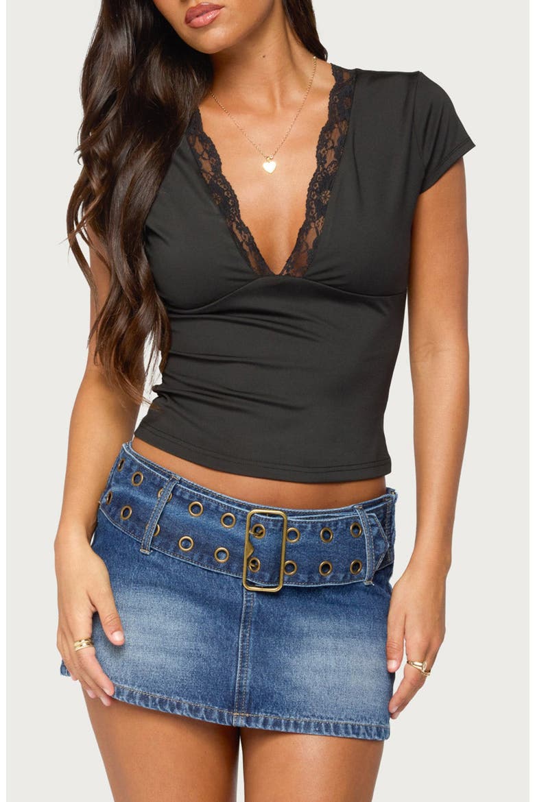 Hanni Lace Trim V-Neck Top, Main, color, BLACK