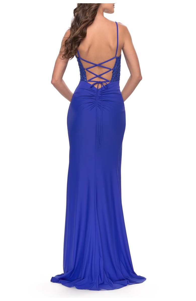 La Femme Sheer Lace Side Panel Jersey Long Dress, Alternate, color, Royal Blue