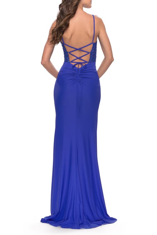 La Femme Ruched Jersey Gown With Intricate Lace Up Back