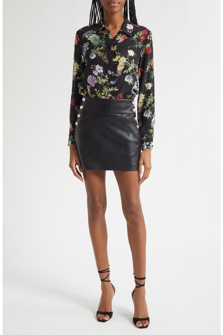 Donald Button Trim Faux Leather Miniskirt, Alternate, color, BLACK