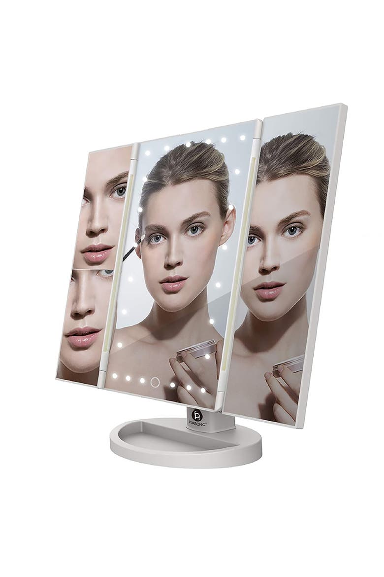 Tri-Fold Vanity Makeup Mirror, Alternate, color, White