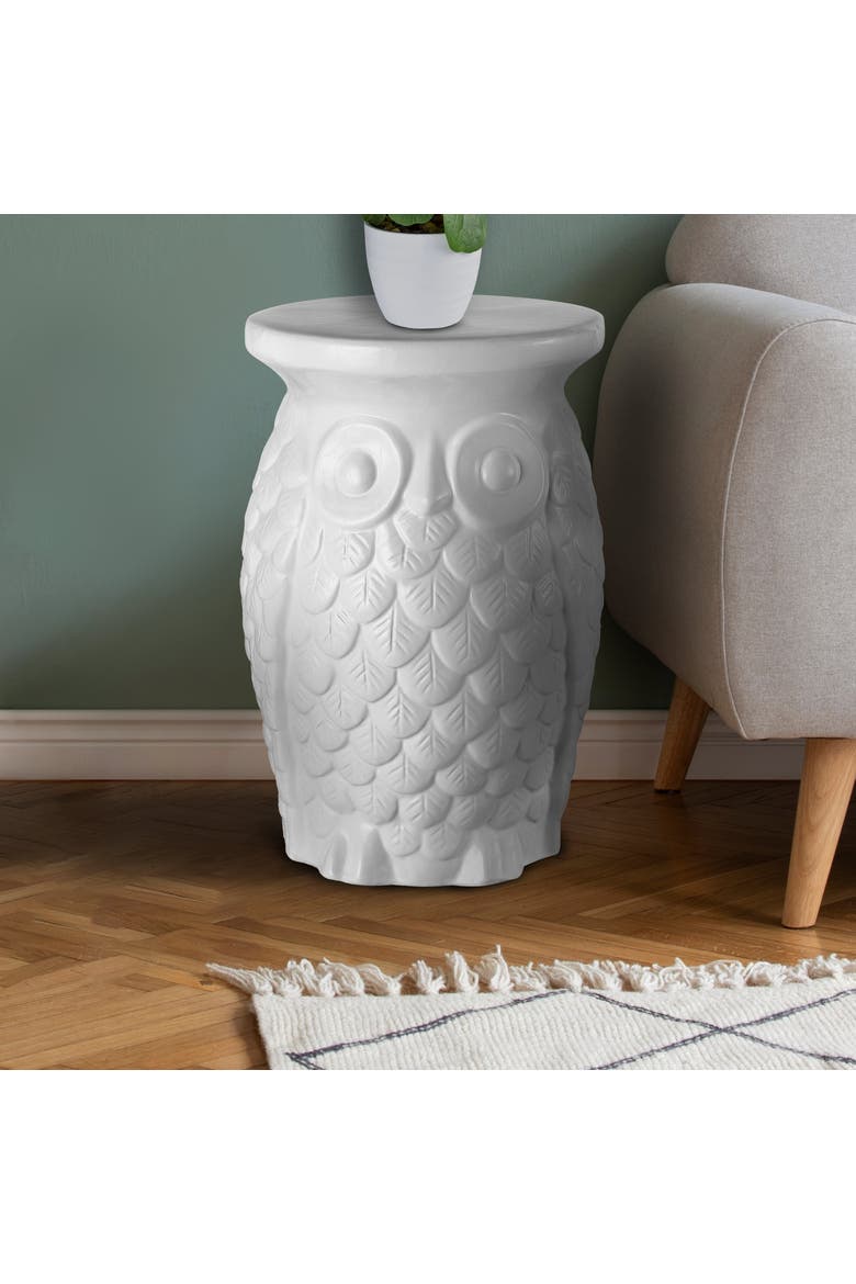 Groovy Owl Traditional Floral Chinoiserie Ceramic Drum Garden Stool, Pierced Indoor/Outdoor Patio Seat & Side Table, Alternate, color, White