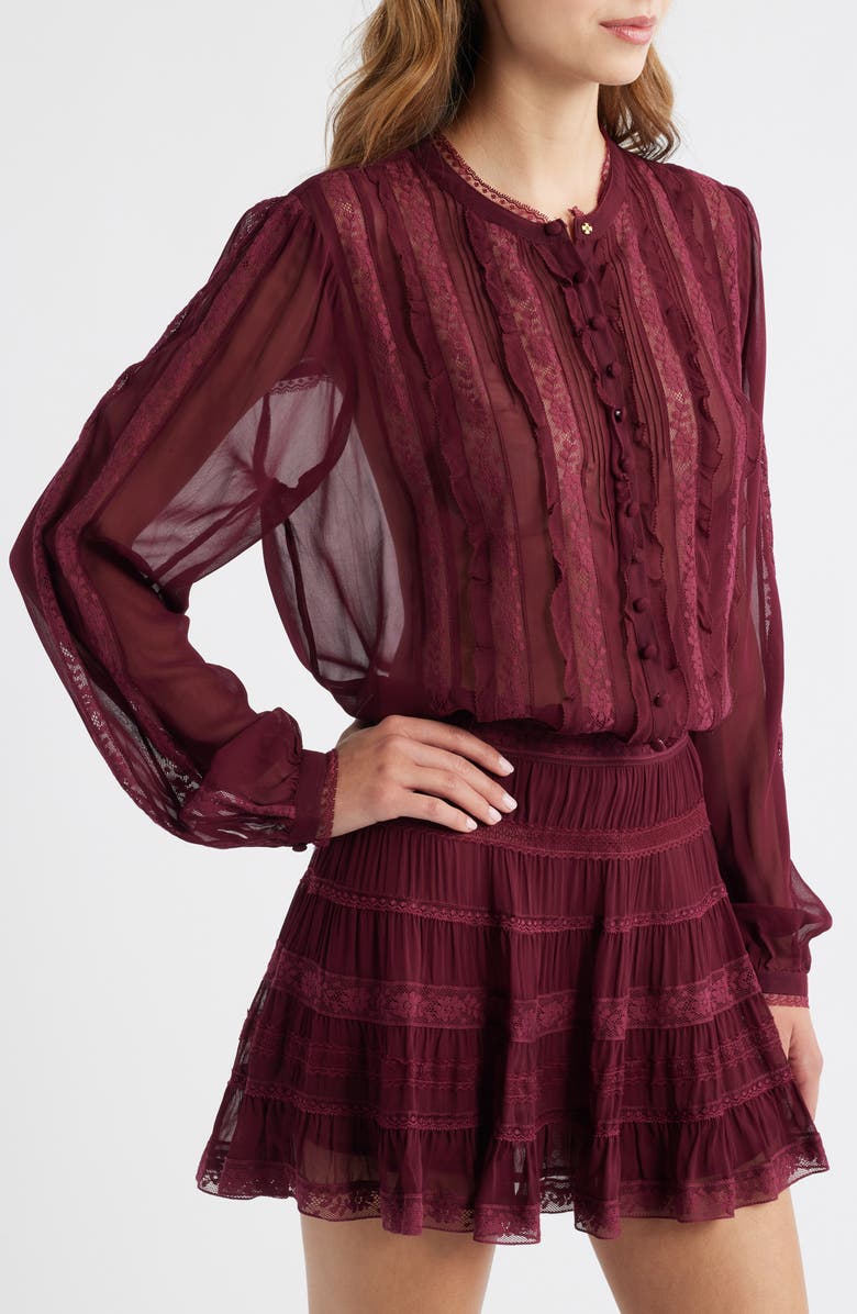 LoveShackFancy Alvynne Lace & Ruffle Detail Button-Up Shirt, Alternate, color, Oxblood