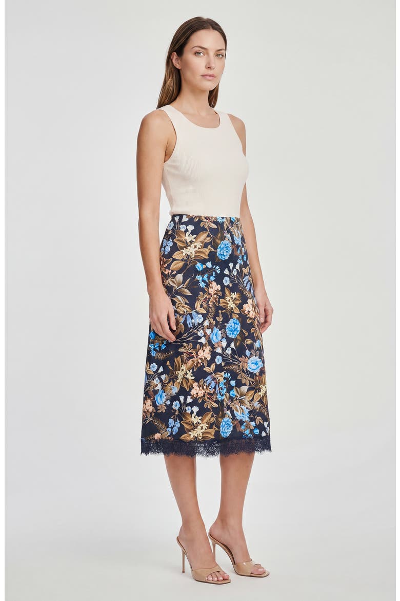 Floral Printed Midi Skirt with Lace Trim, Alternate, color, INDIGO NIGHT