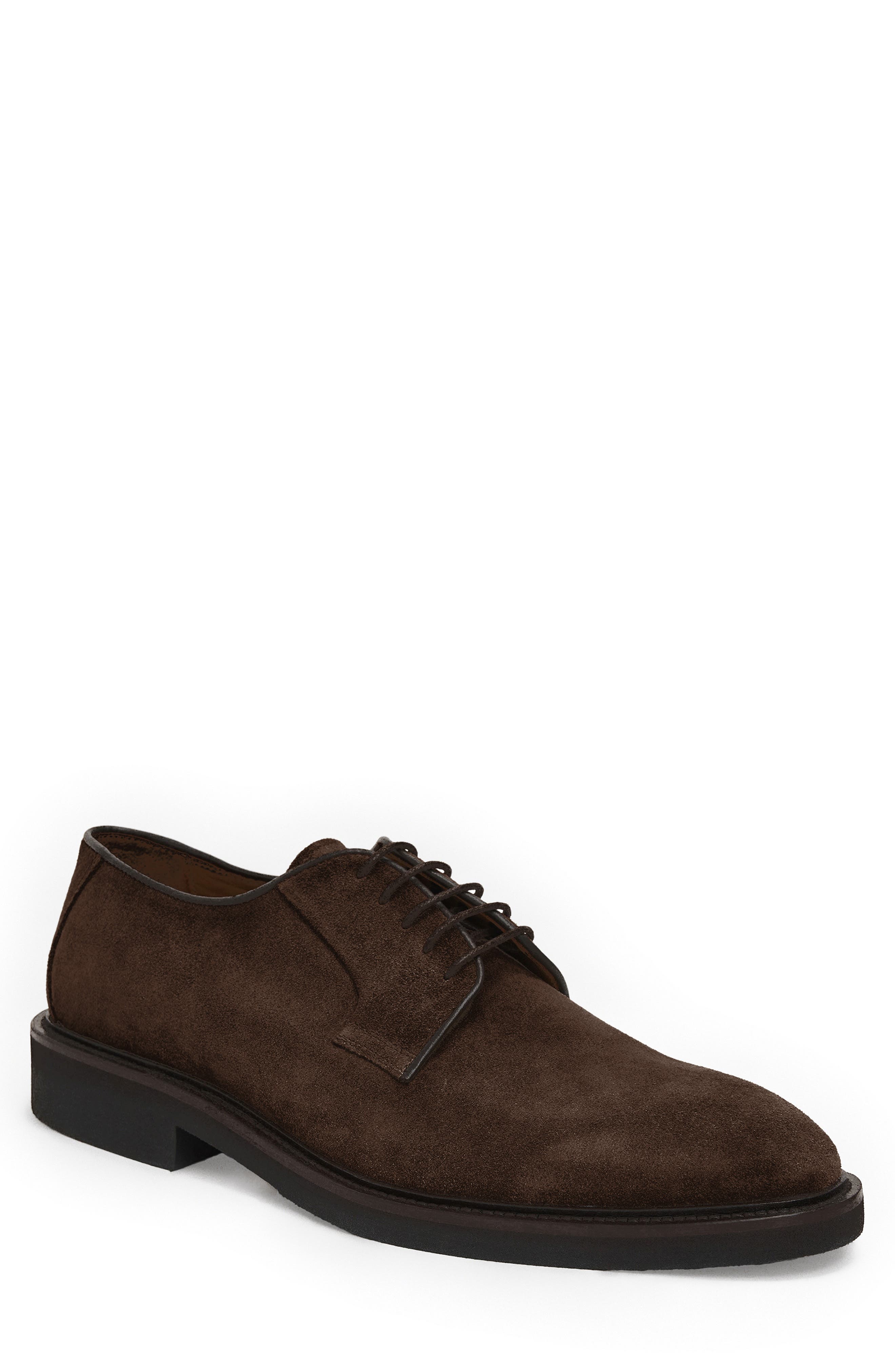 Vasto Suede Plain Toe Derby, Main, color, DARK BROWN SUEDE