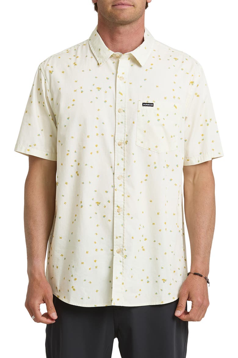 Ditsy Blossom Floral Classic Short Sleeve Cotton Button-Up Shirt, Main, color, BONE WHITE