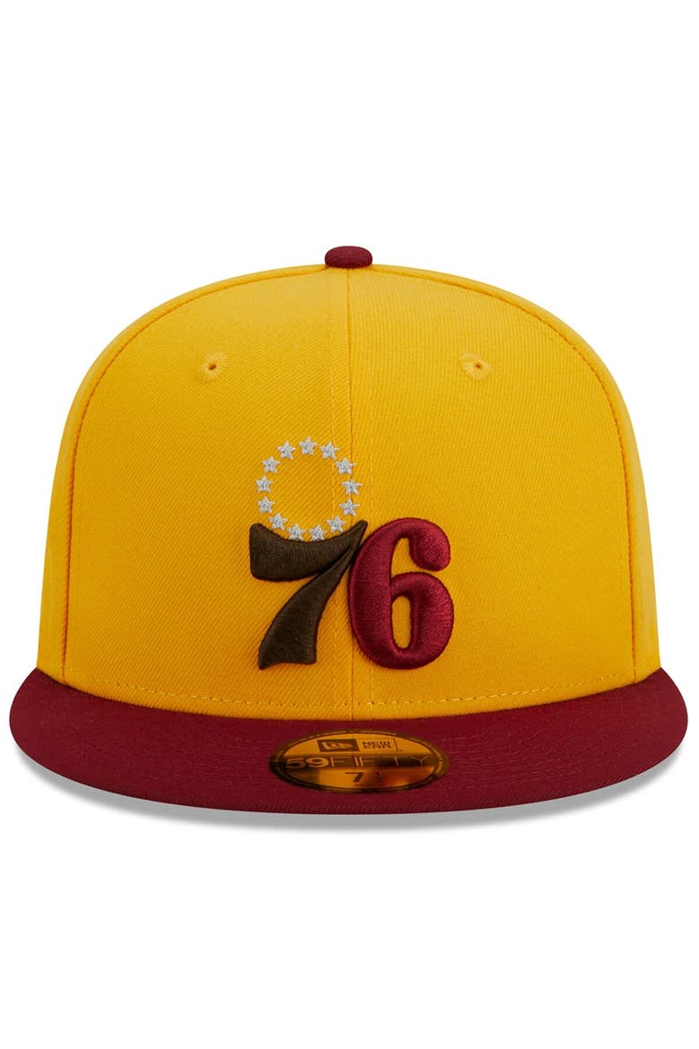 Men's New Era Yellow/Red Philadelphia 76ers Fall Leaves 2-Tone 59FIFTY Fitted Hat, Alternate, color, Yellow