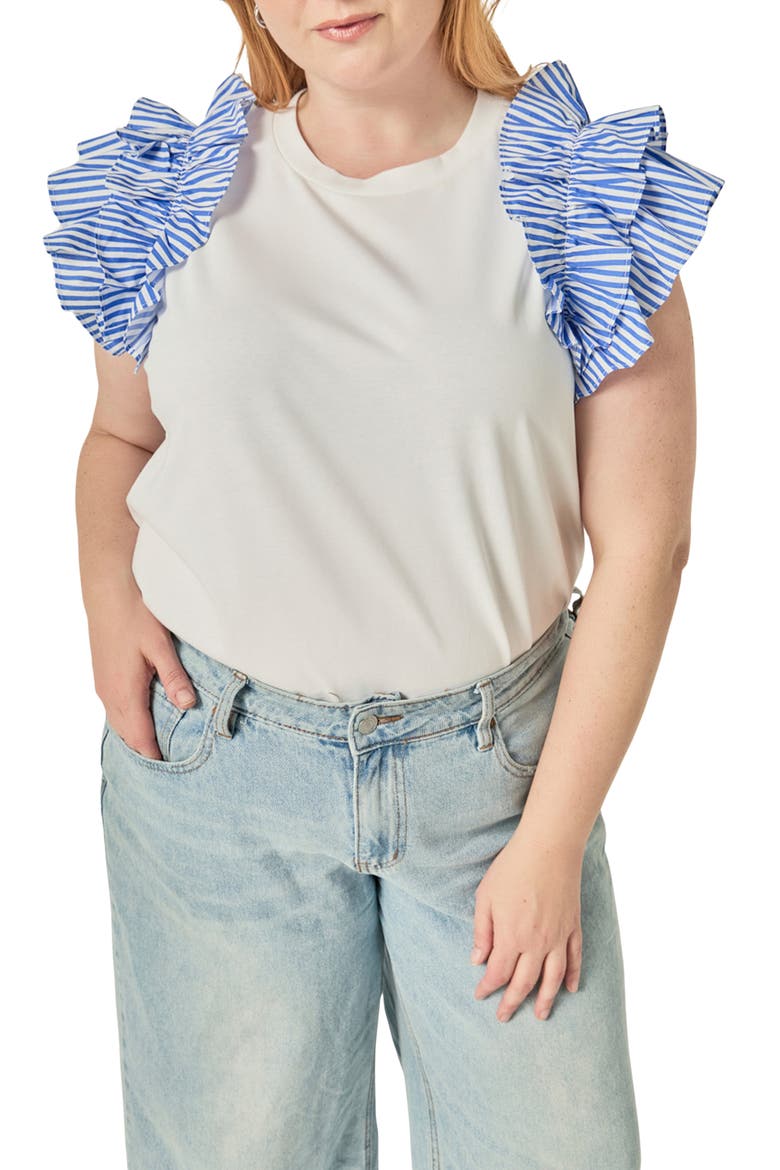 Mixed Media Ruffle Detail T-Shirt, Main, color, WHITE/ BLUE STRIPE