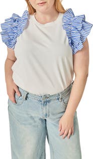 English Factory Mixed Media Ruffle Detail T-Shirt