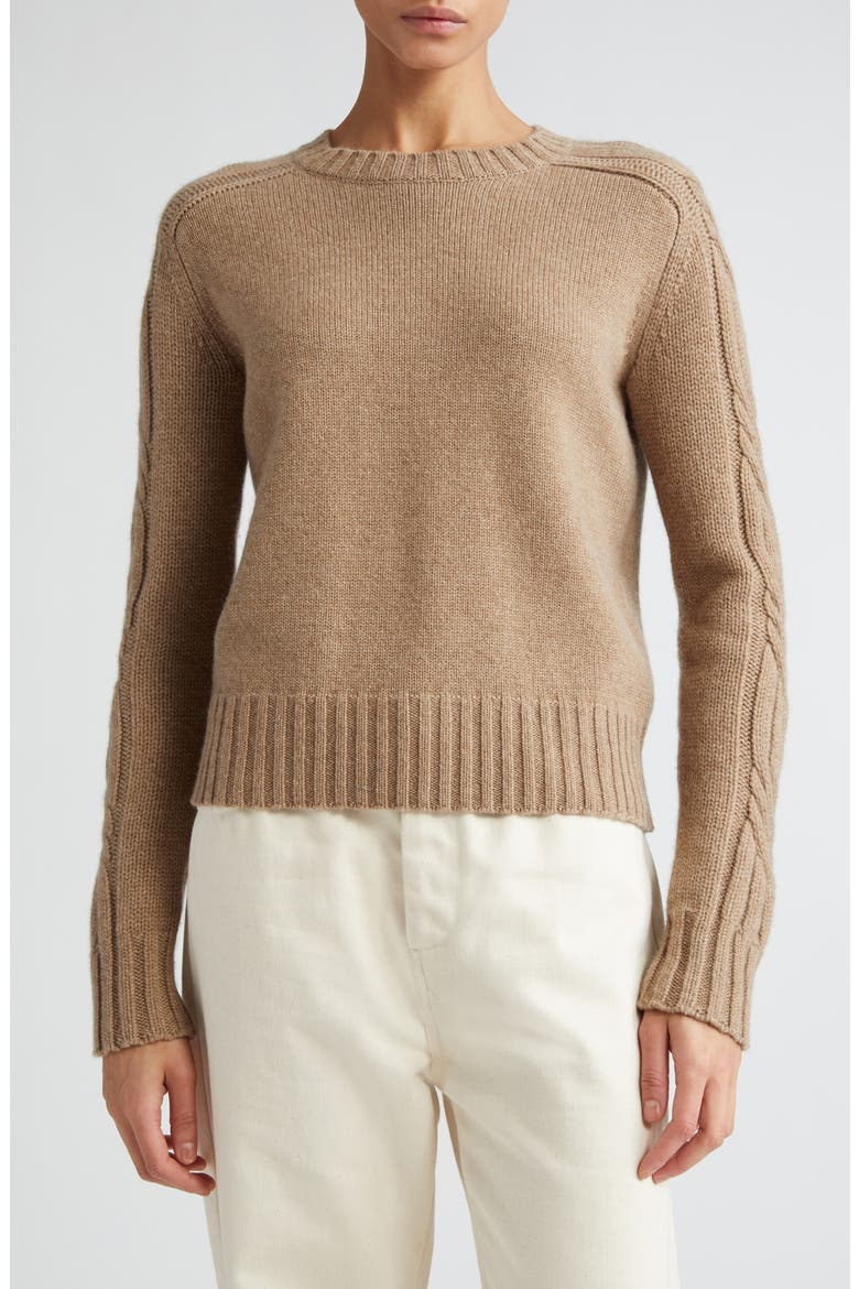 Berlina Cable Knit Sleeve Cashmere Crewneck Sweater, Main, color, SAND