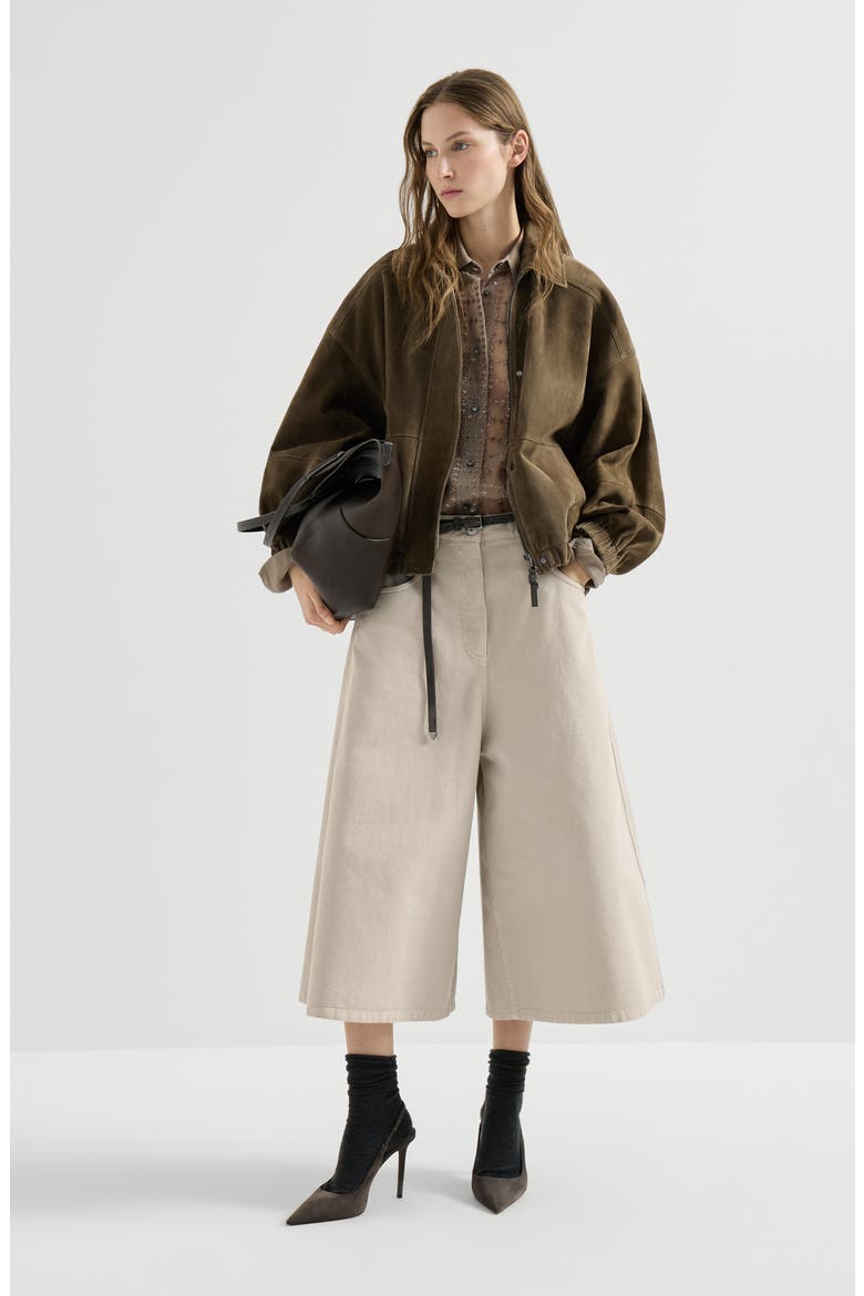 Dyed denim wide cropped trousers with monili, Alternate, color, Sand