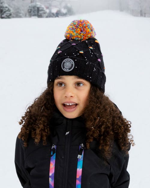 Deux Par Deux Lined Knit Pompom Hat With Little Sequins In Black