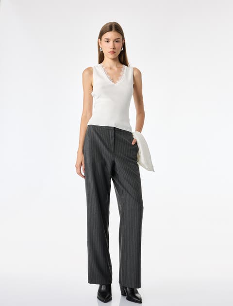 Pinstriped Wide Leg Trousers with Pockets