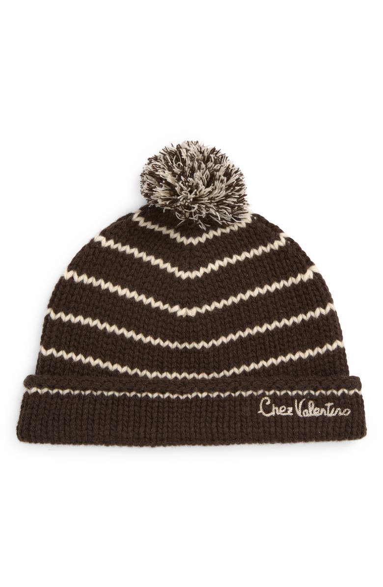 Valentino Garavani Chez Valentino Virgin Wool Pompom Beanie, Main, color, Brown Multi