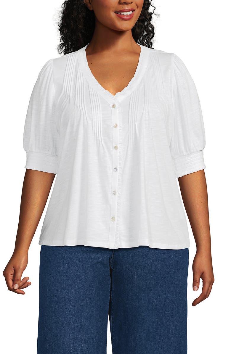 Lands' End Plus Size Button Pintuck Puff Sleeve Top, Main, color, 