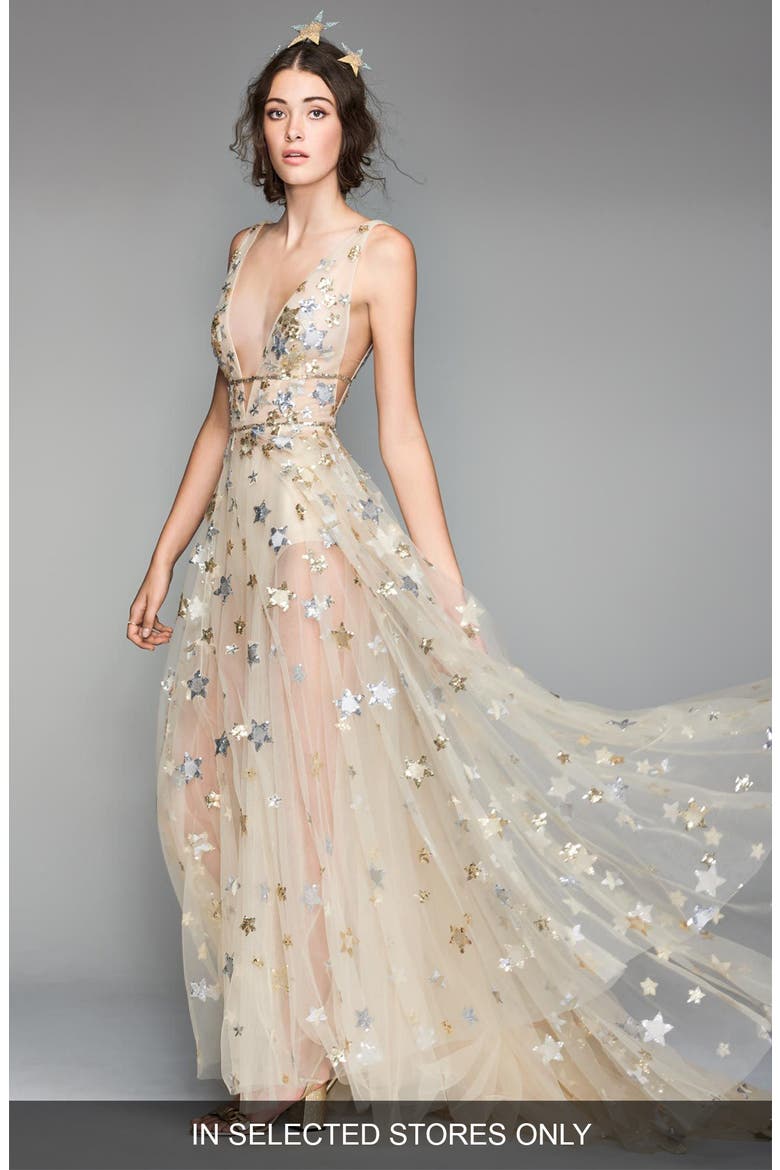 Orion Tulle & Charmeuse Plunging A-Line Gown, Main, color, SOFT GOLD