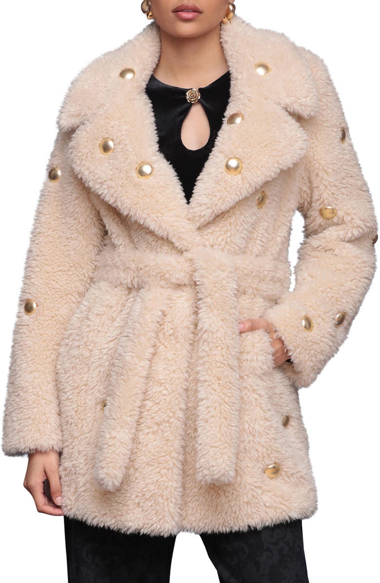 Avec Les Filles Stud Detail Faux Fur Coat, Alternate, color, Ivory-Gold Studded