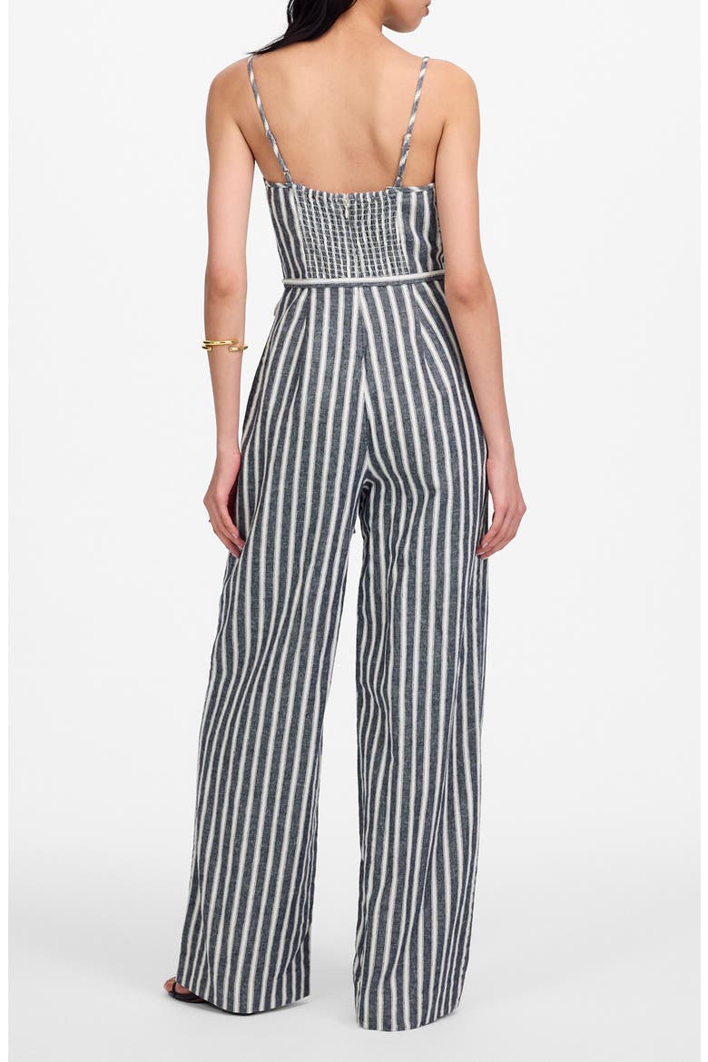 Pinstripe Pleated Linen & Cotton Wide Leg Jumpsuit, Alternate, color, NAVY WHITE STRIPE