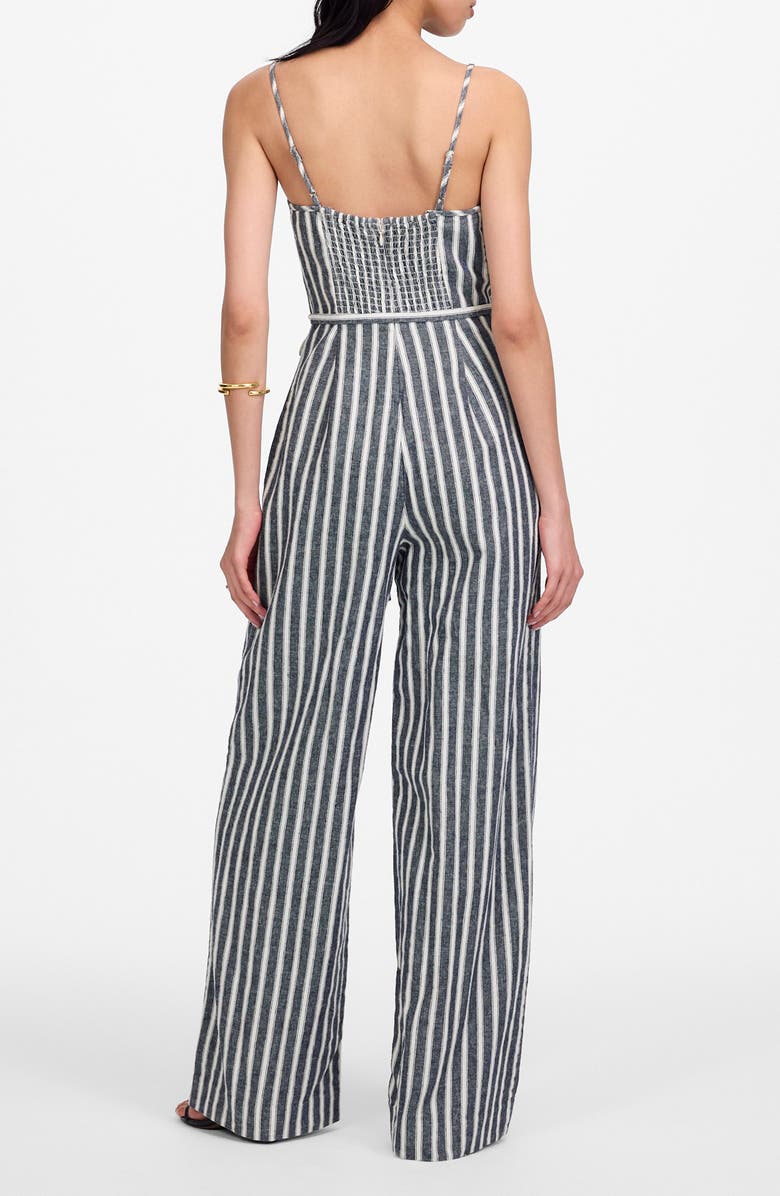 Madewell Pinstripe Pleated Linen & Cotton Wide Leg Jumpsuit, Alternate, color, Navy White Stripe