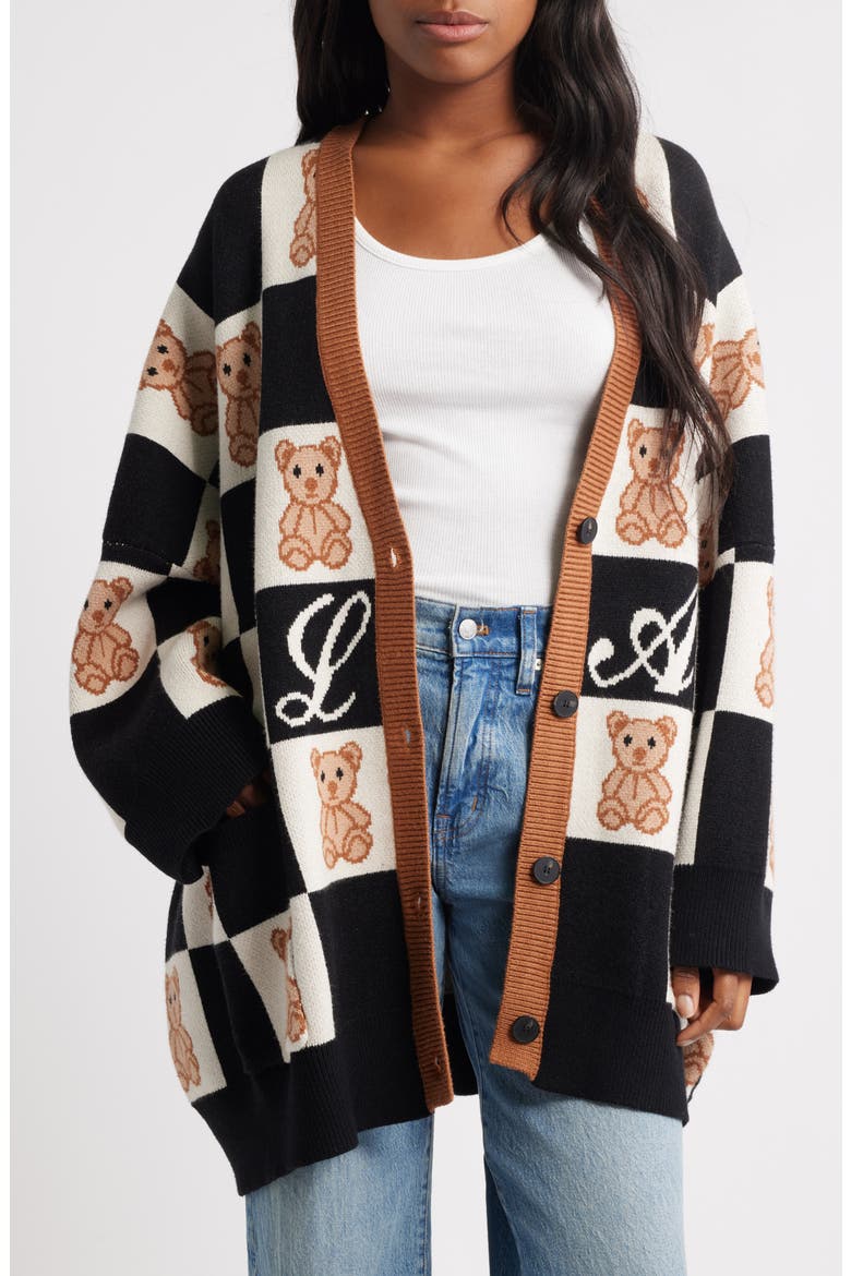 Teddy Oversize Cardigan, Main, color, BLACK AND WHITE