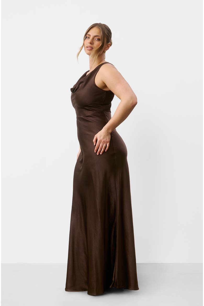 Cowl Front Satin Bridesmaid Dress, Alternate, color, Chocolate