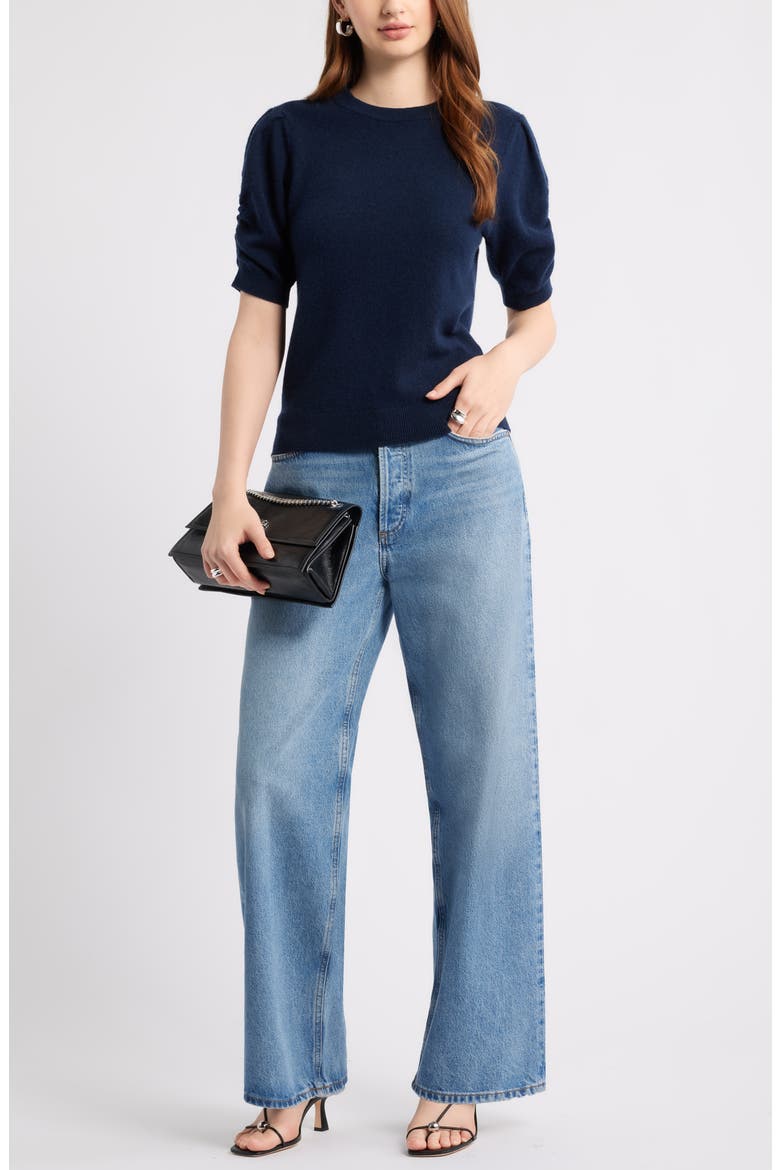 Ruched Short Sleeve Cashmere Sweater, Alternate, color, NAVY NIGHT