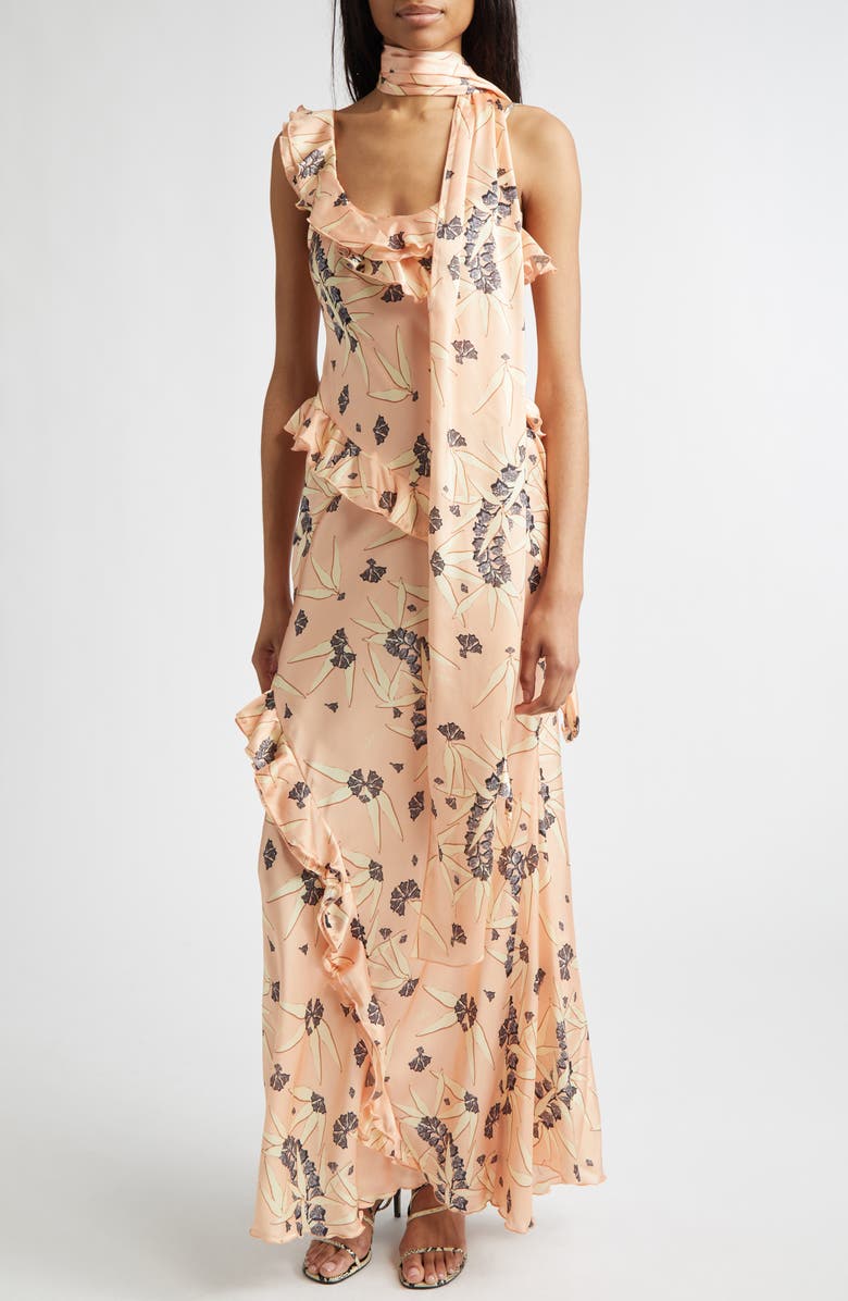 Siedrés Monica Floral Tiered Ruffle Satin Maxi Dress with Detachable Scarf Tie, Main, color, Coral