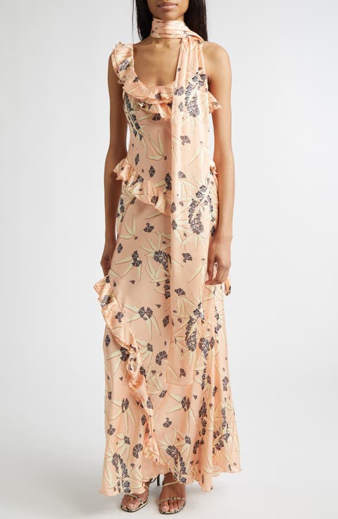 Monica Floral Tiered Ruffle Satin Maxi Dress with Detachable Scarf Tie