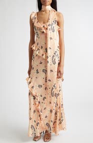 Siedrés Monica Floral Tiered Ruffle Satin Maxi Dress with Detachable Scarf Tie