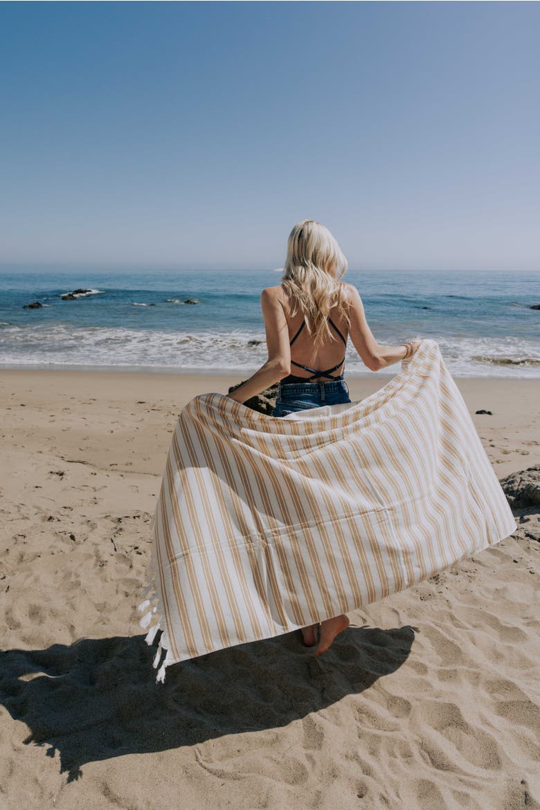 Bask Striped Organic Turkish Towel with Soft Terry Cloth Back, Alternate, color, Golden Yellow