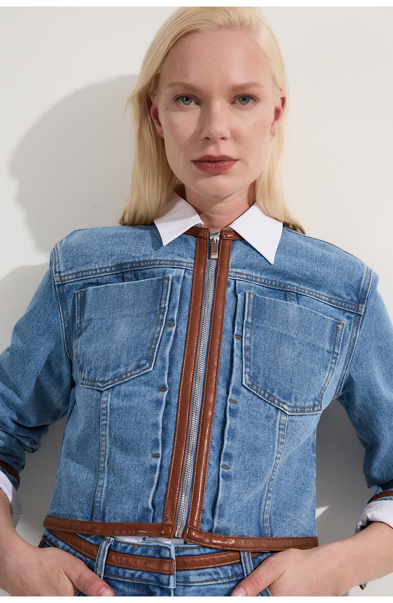 Karen Millen Denim & Leather Collarless Jacket, Alternate, color, Light Blue