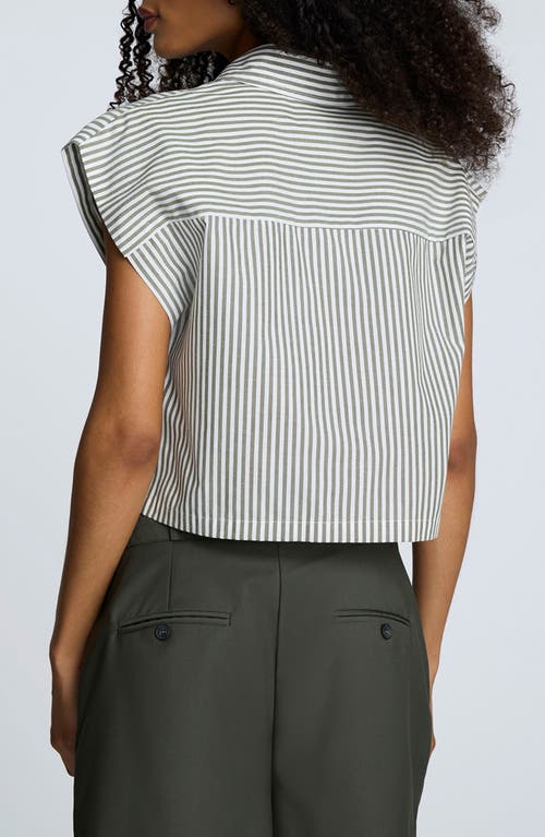 Kenneth Cole Cotton Poplin Stripe Sleeveless Crop Button Front Top In Green