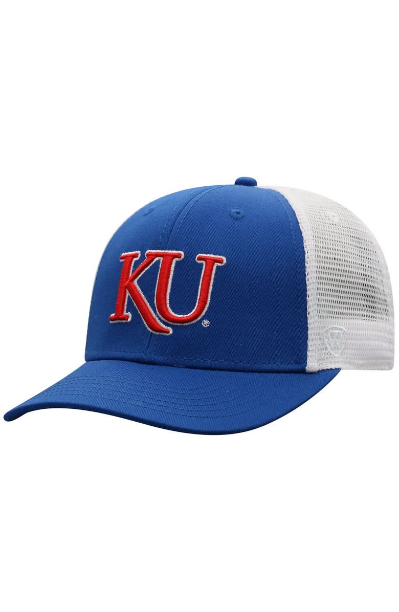 TOP OF THE WORLD Men's Top of the World Royal/White Kansas Jayhawks Victory Baseline Trucker Adjustable Hat, Main, color, 