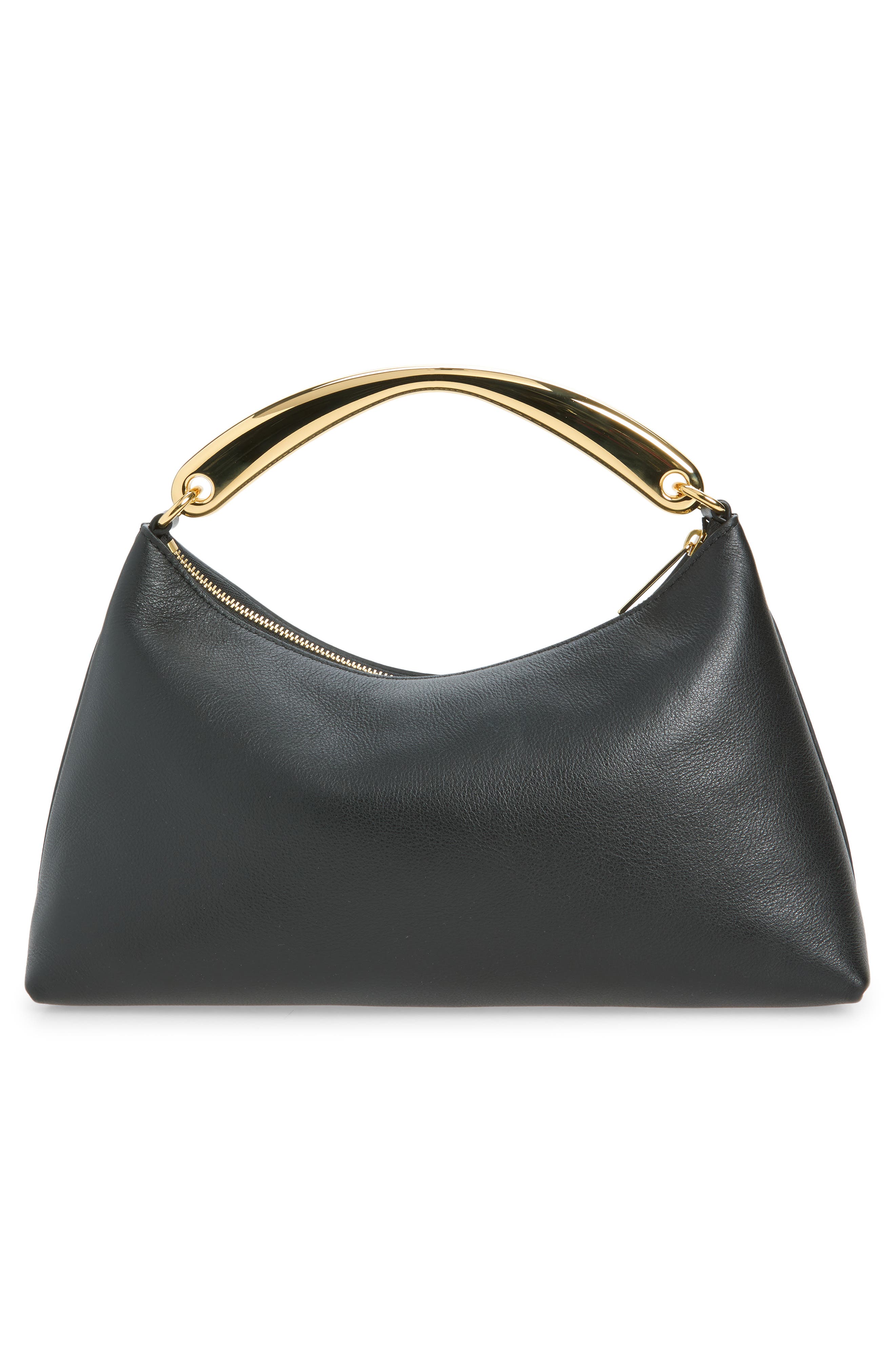 Rhea Metal Handle Leather Handbag, Alternate, color, BLACK
