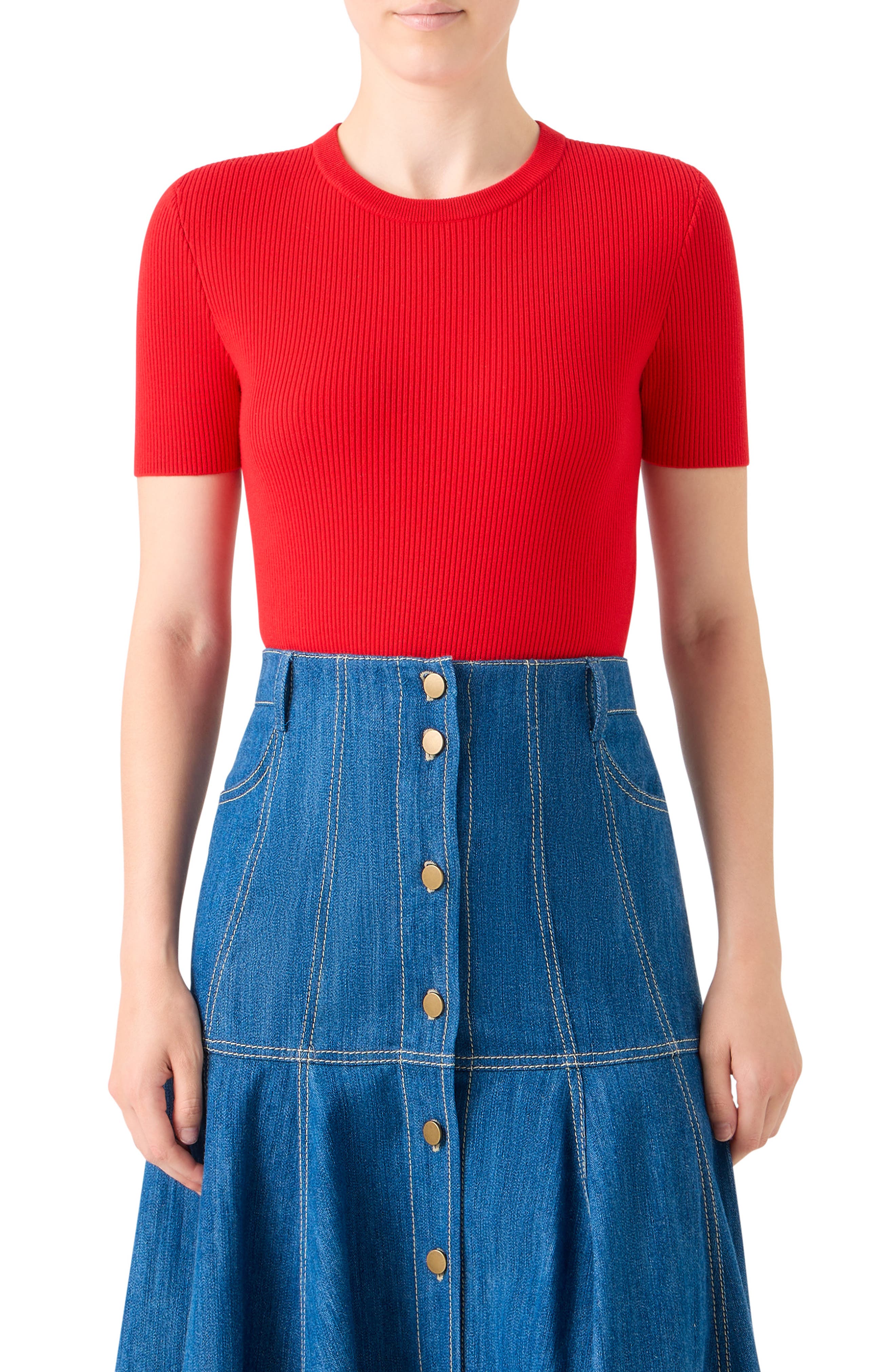 Back Cutout Short Sleeve Stretch Virgin Wool Rib Sweater