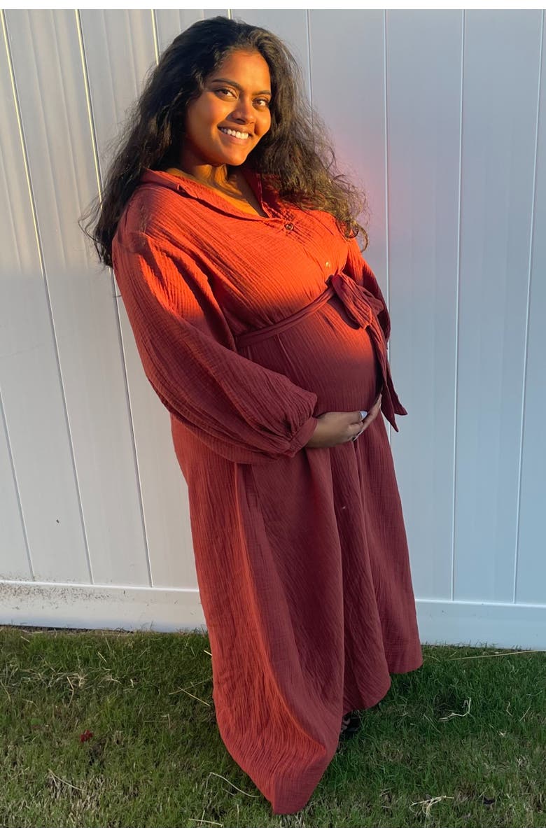 PinkBlush Gauze Belted Shirt Midi Dress, Alternate, color, Rust