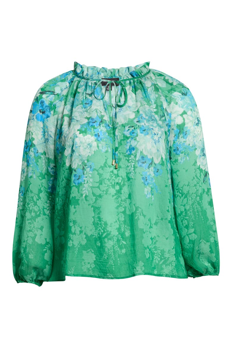 Floral Print Tie Neck Top, Alternate, color, GREEN BLUE