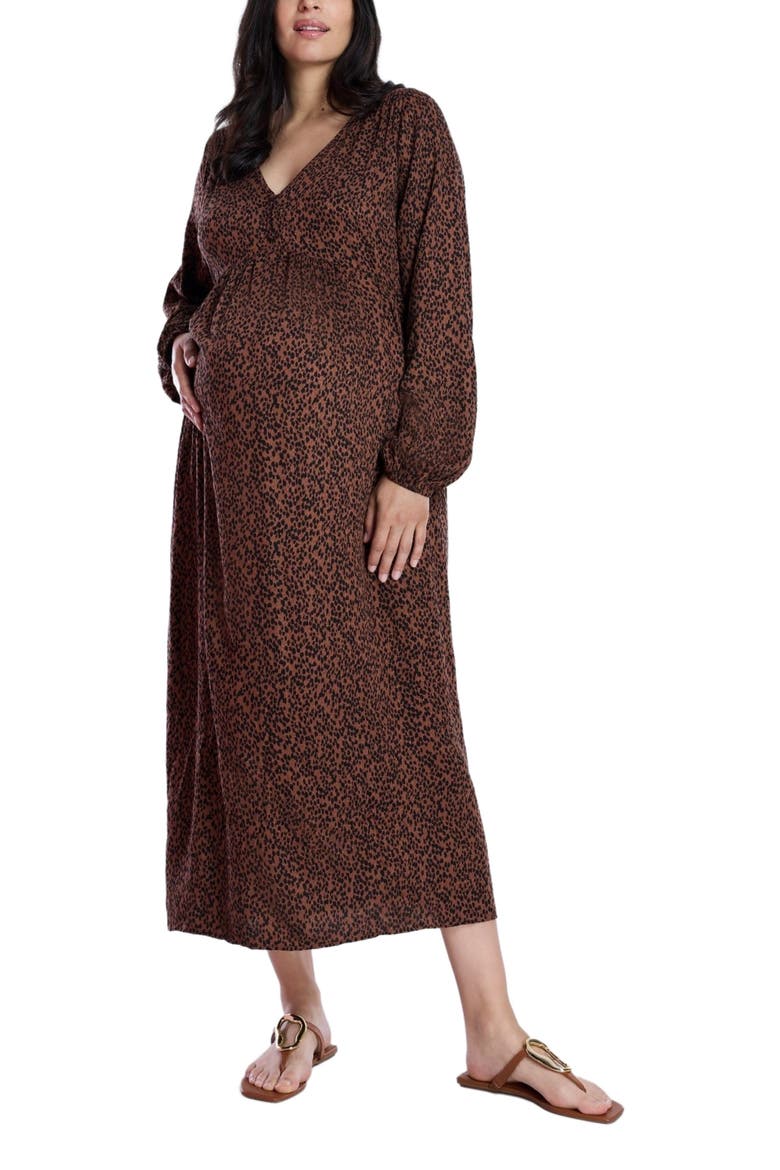 Long Sleeve Button Front Maternity Midi Dress, Main, color, Brown Animal